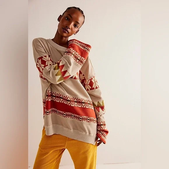 We The Free People Ski Holiday Snowflake Swit Oversized Waffle Knit Thermal | L - Picture 2 of 9